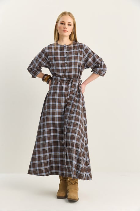 Karierte Midi-Kleid mit Gürtel - Image 2