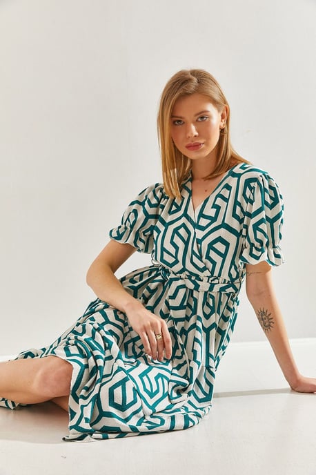 Geometrisches Muster V-Ausschnitt Midikleid mit Gürtel - Image 3