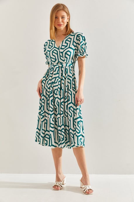 Geometrisches Muster V-Ausschnitt Midikleid mit Gürtel - Image 4