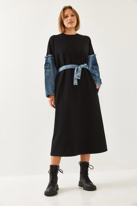 Strukturiertes Denim-Midi-Kleid mit Rundhalsausschnitt - Image 2