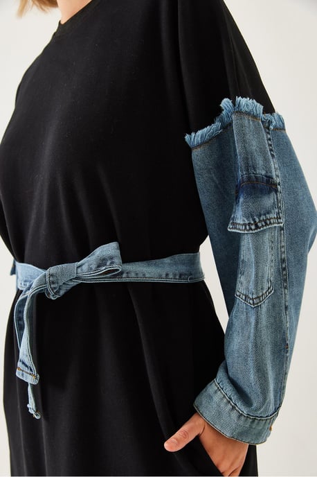 Strukturiertes Denim-Midi-Kleid mit Rundhalsausschnitt - Image 3
