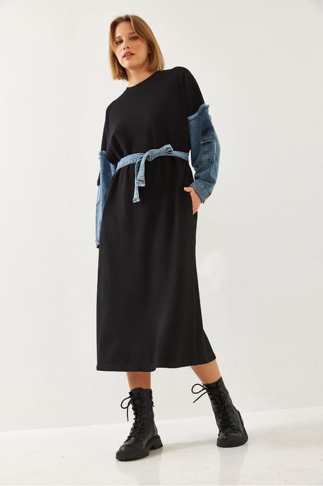 Strukturiertes Denim-Midi-Kleid mit Rundhalsausschnitt - Image 5