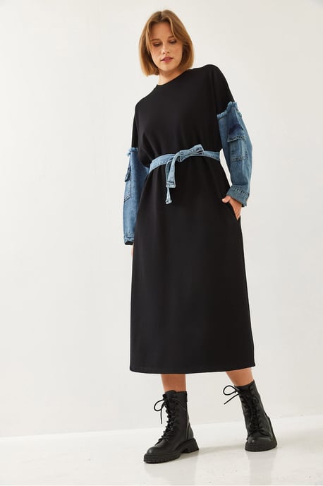 Strukturiertes Denim-Midi-Kleid mit Rundhalsausschnitt - Image 6