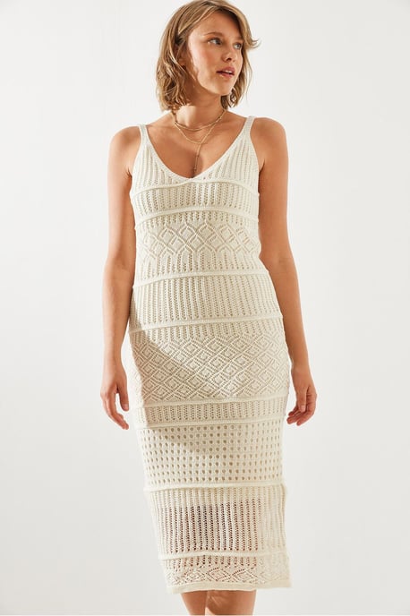 Strukturiertes V-Ausschnitt Midi Strickkleid - Image 3