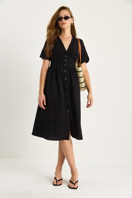 V-Ausschnitt Midi-Hemd-Kleid mit Knöpfen - Image 3