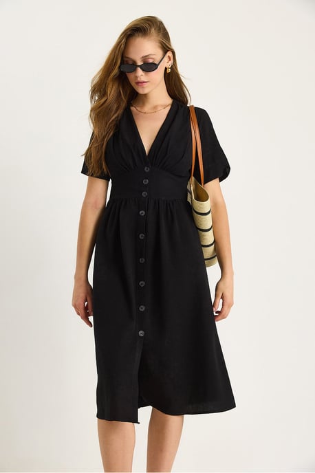 V-Ausschnitt Midi-Hemd-Kleid mit Knöpfen - Image 4