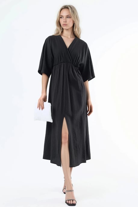 V-Ausschnitt Midikleid mit Wickeloptik und drei Viertelärmeln - Image 1