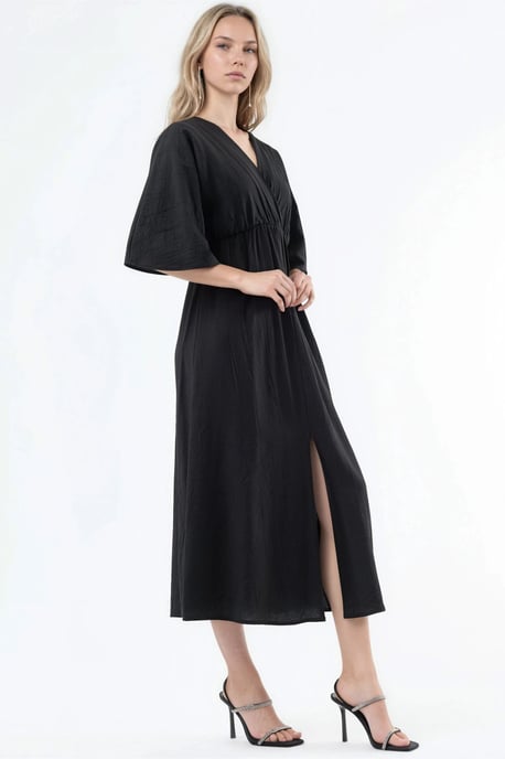 V-Ausschnitt Midikleid mit Wickeloptik und drei Viertelärmeln - Image 2