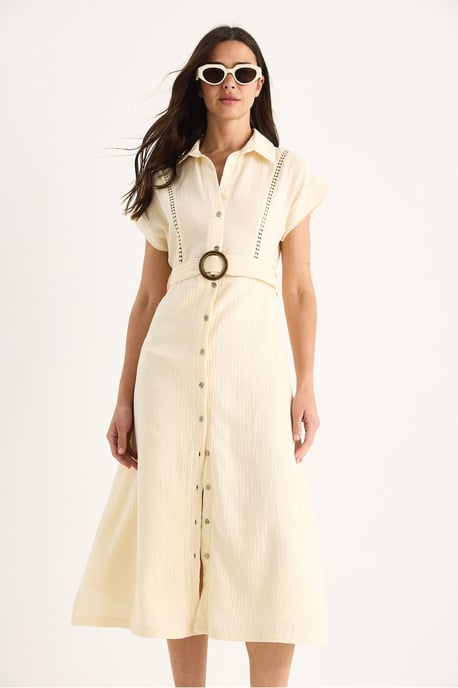 Strukturierte Baumwoll-Midi-Kleid mit Hemdkragen - Image 4
