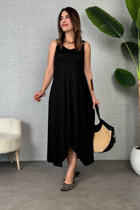 Asymmetrisches V-Ausschnitt ärmelloses Midi-Kleid - Image 1