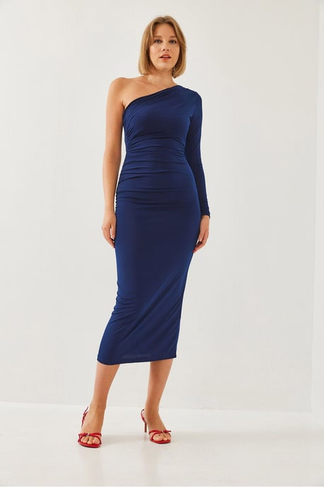Asymmetrisches Kragen Raffung Midi-Kleid - Image 3