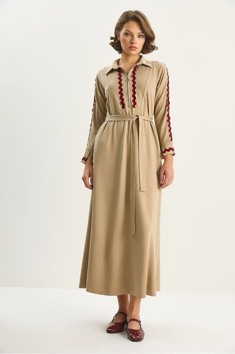Knopf-Detail A-Linien Midi-Kleid mit Bindeband - Image 2