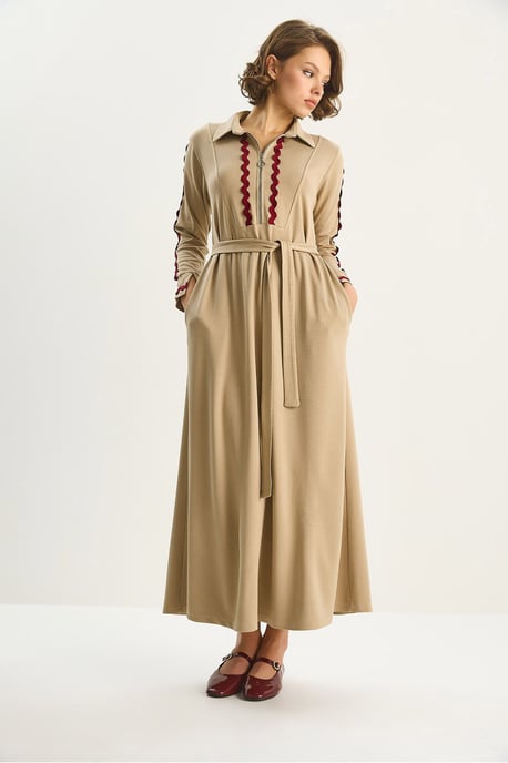 Knopf-Detail A-Linien Midi-Kleid mit Bindeband - Image 3