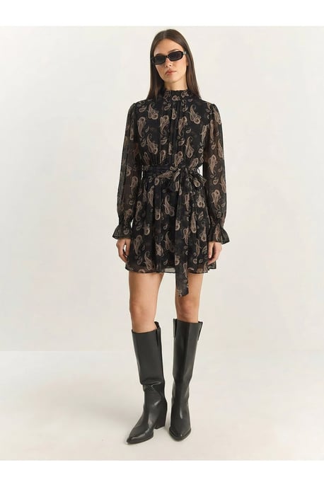 Kragenloses Mini-Kleid mit Paisley-Print und Gürtel - Image 3