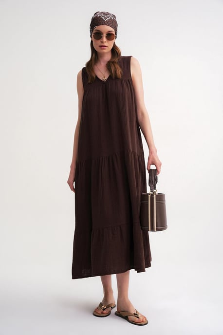 Ärmelloses V-Ausschnitt Muslin Midi-Kleid mit Taschen - Image 2