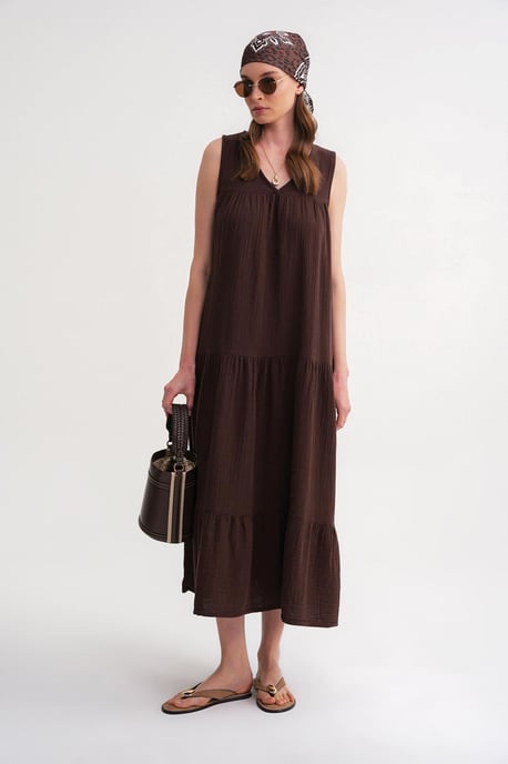 Ärmelloses V-Ausschnitt Muslin Midi-Kleid mit Taschen - Image 3