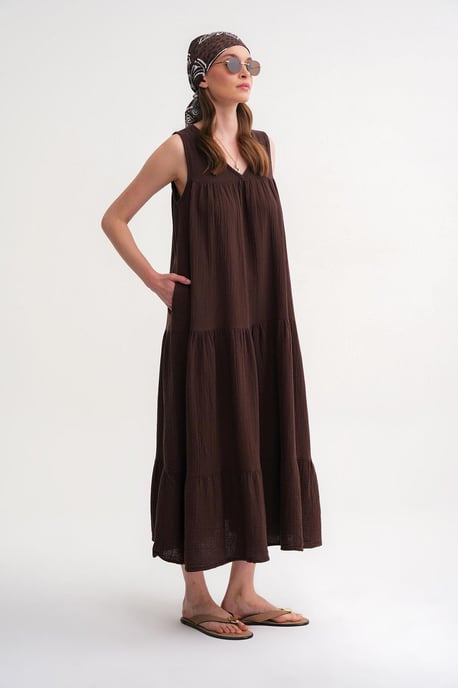 Ärmelloses V-Ausschnitt Muslin Midi-Kleid mit Taschen - Image 4