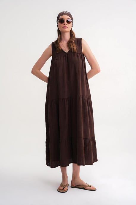 Ärmelloses V-Ausschnitt Muslin Midi-Kleid mit Taschen - Image 5