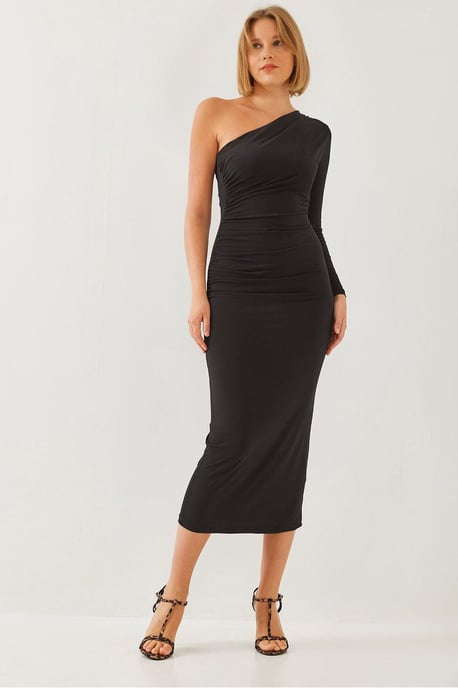 Asymmetrisches Kragen Raffung Midi-Kleid - Image 1