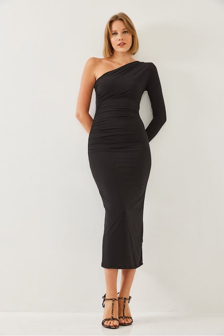 Asymmetrisches Kragen Raffung Midi-Kleid - Image 4
