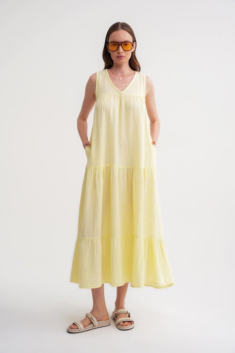Ärmelloses V-Ausschnitt Musselin-Midi-Kleid mit Taschen - Image 2