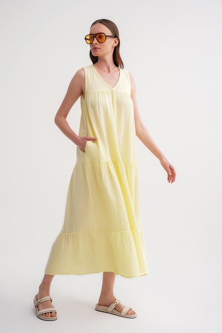 Ärmelloses V-Ausschnitt Musselin-Midi-Kleid mit Taschen - Image 3