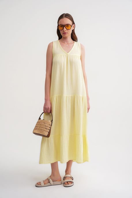 Ärmelloses V-Ausschnitt Musselin-Midi-Kleid mit Taschen - Image 4
