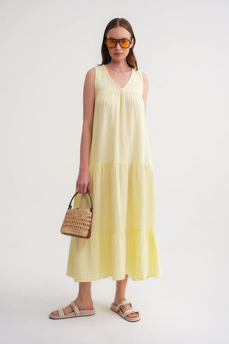 Ärmelloses V-Ausschnitt Musselin-Midi-Kleid mit Taschen - Image 5