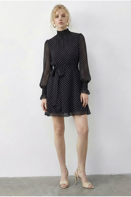 Polka-Dot-Halb-Turtleneck-Minikleid mit Gürtel - Image 2