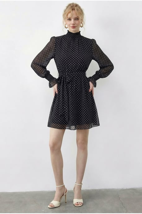 Polka-Dot-Halb-Turtleneck-Minikleid mit Gürtel - Image 3