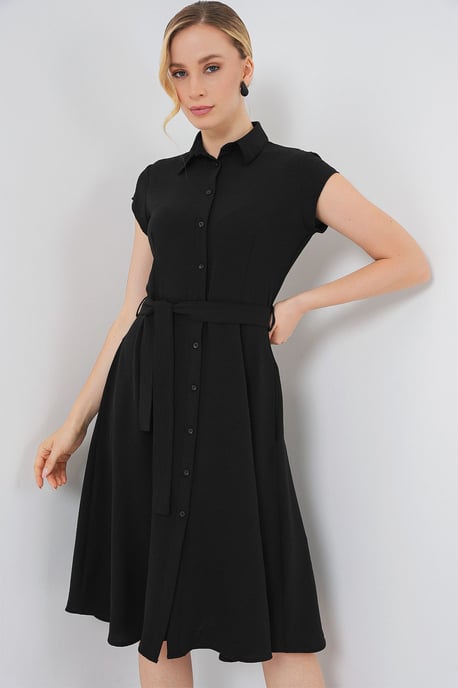 Knopfleisten-Hemdkragen A-Linien Midi-Kleid mit Bindungsdetails - Image 4