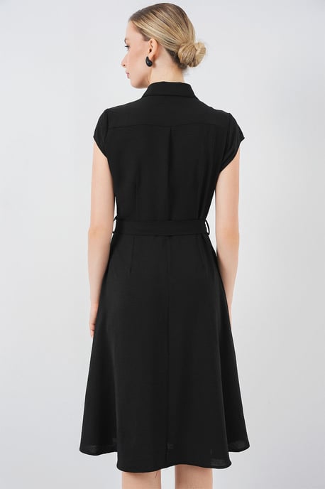 Knopfleisten-Hemdkragen A-Linien Midi-Kleid mit Bindungsdetails - Image 6