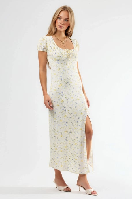 Blumenkleid Midi mit U-Ausschnitt und Bindegürtel - Image 2