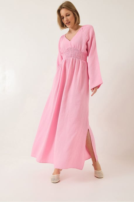 Texturiertes V-Ausschnitt-Midikleid mit gerafftem Taillenbereich - Image 3