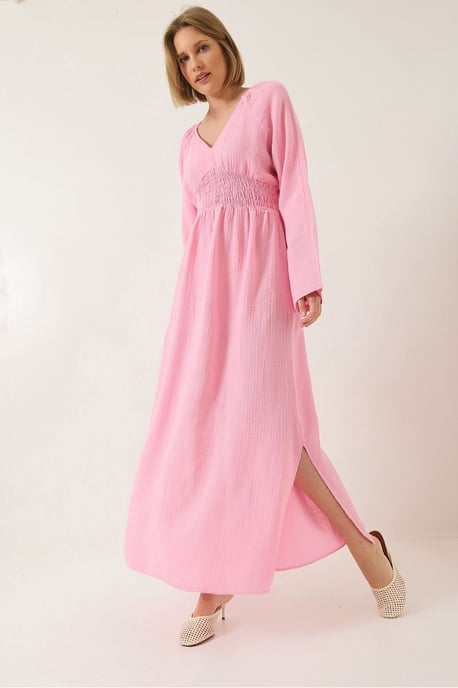 Texturiertes V-Ausschnitt-Midikleid mit gerafftem Taillenbereich - Image 4