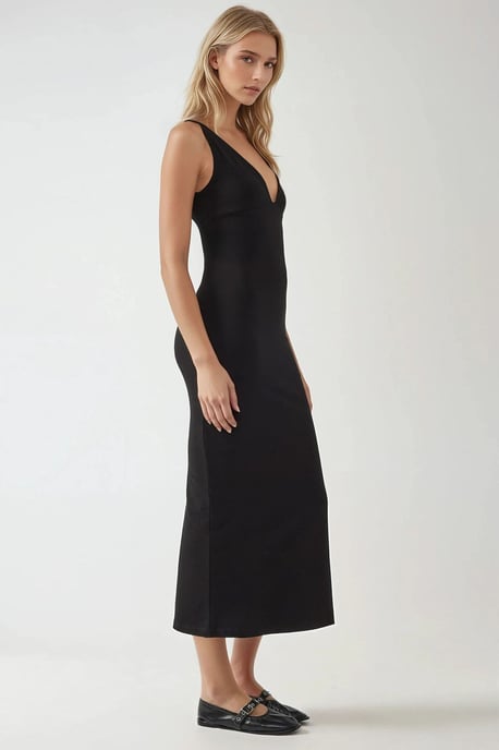 Schmal geschnittenes V-Ausschnitt Basic Midi-Kleid - Image 3