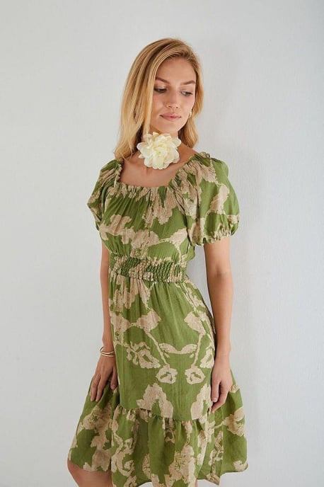Mixray Blumiges, rüschenshoulderfreies Midikleid mit Binddetail - Grün - Image 2