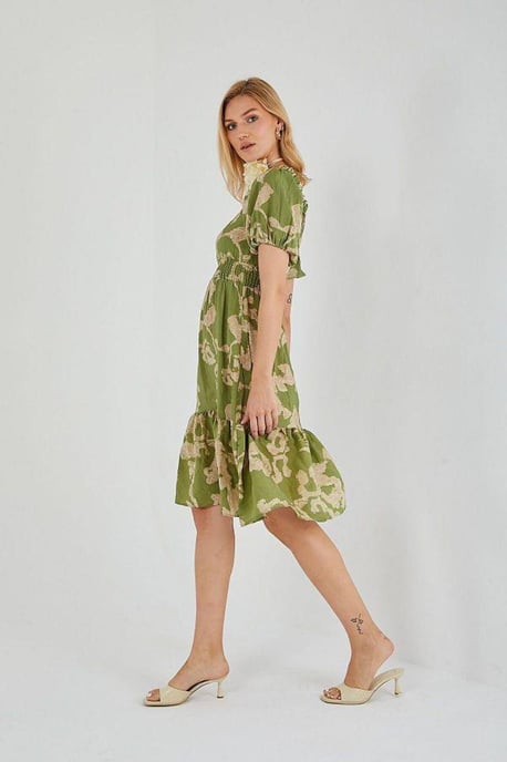 Mixray Blumiges, rüschenshoulderfreies Midikleid mit Binddetail - Grün - Image 3