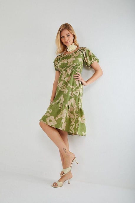 Mixray Blumiges, rüschenshoulderfreies Midikleid mit Binddetail - Grün - Image 4