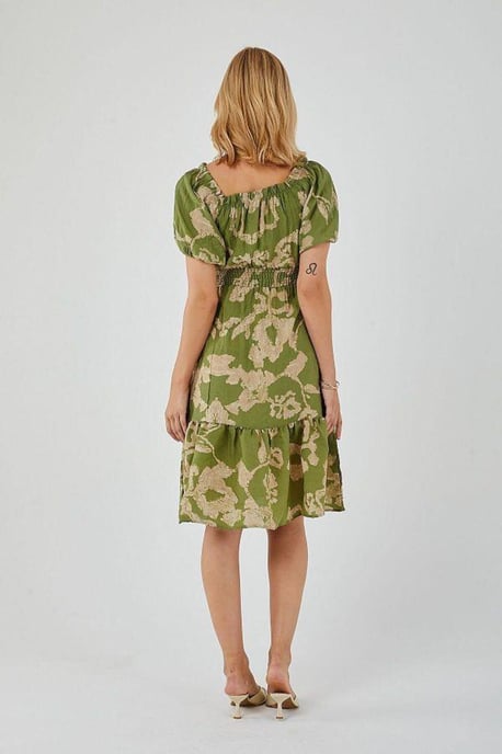 Mixray Blumiges, rüschenshoulderfreies Midikleid mit Binddetail - Grün - Image 5