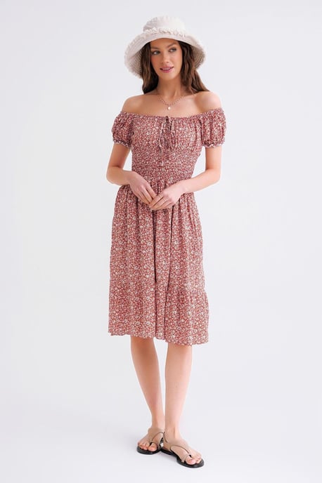 Schulterfreies Blumenmuster Kleid mit Raffung in der Taille und Puffärmeln - Image 2