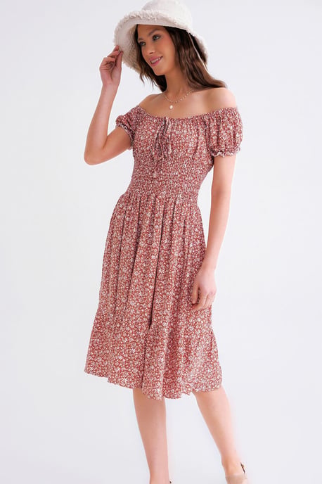 Schulterfreies Blumenmuster Kleid mit Raffung in der Taille und Puffärmeln - Image 3