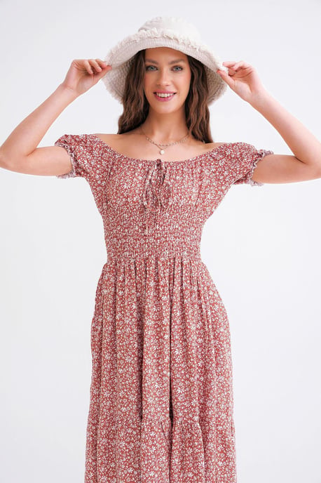 Schulterfreies Blumenmuster Kleid mit Raffung in der Taille und Puffärmeln - Image 5