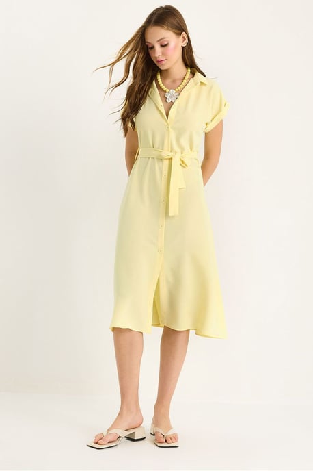 V-Ausschnitt Midi-Kleid mit Knopf und Bindebanddetails - Image 1