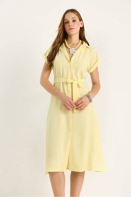 V-Ausschnitt Midi-Kleid mit Knopf und Bindebanddetails - Image 3