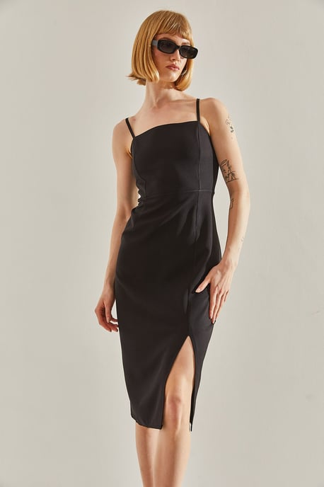 Midi-Kleid mit quadratischem Kragen und Schlitz - Image 2