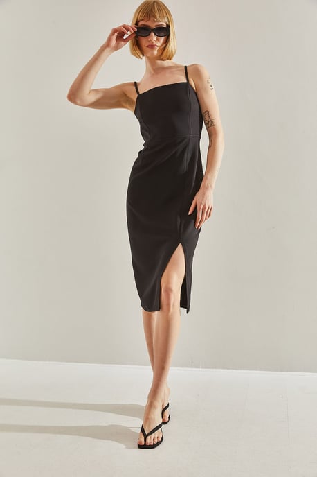Midi-Kleid mit quadratischem Kragen und Schlitz - Image 3