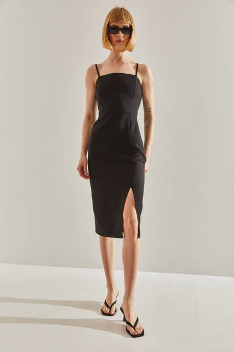 Midi-Kleid mit quadratischem Kragen und Schlitz - Image 5