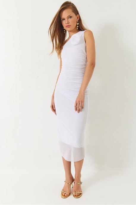Asymmetrisches Kragen-Midi-Kleid mit Schleife - Image 1