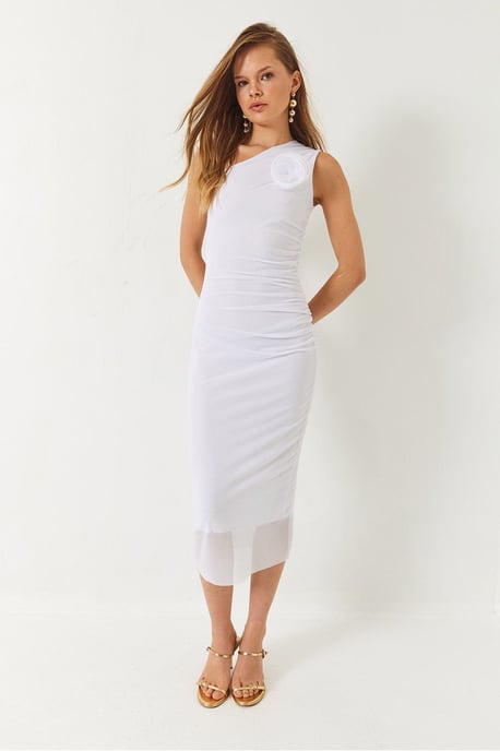 Asymmetrisches Kragen-Midi-Kleid mit Schleife - Image 2